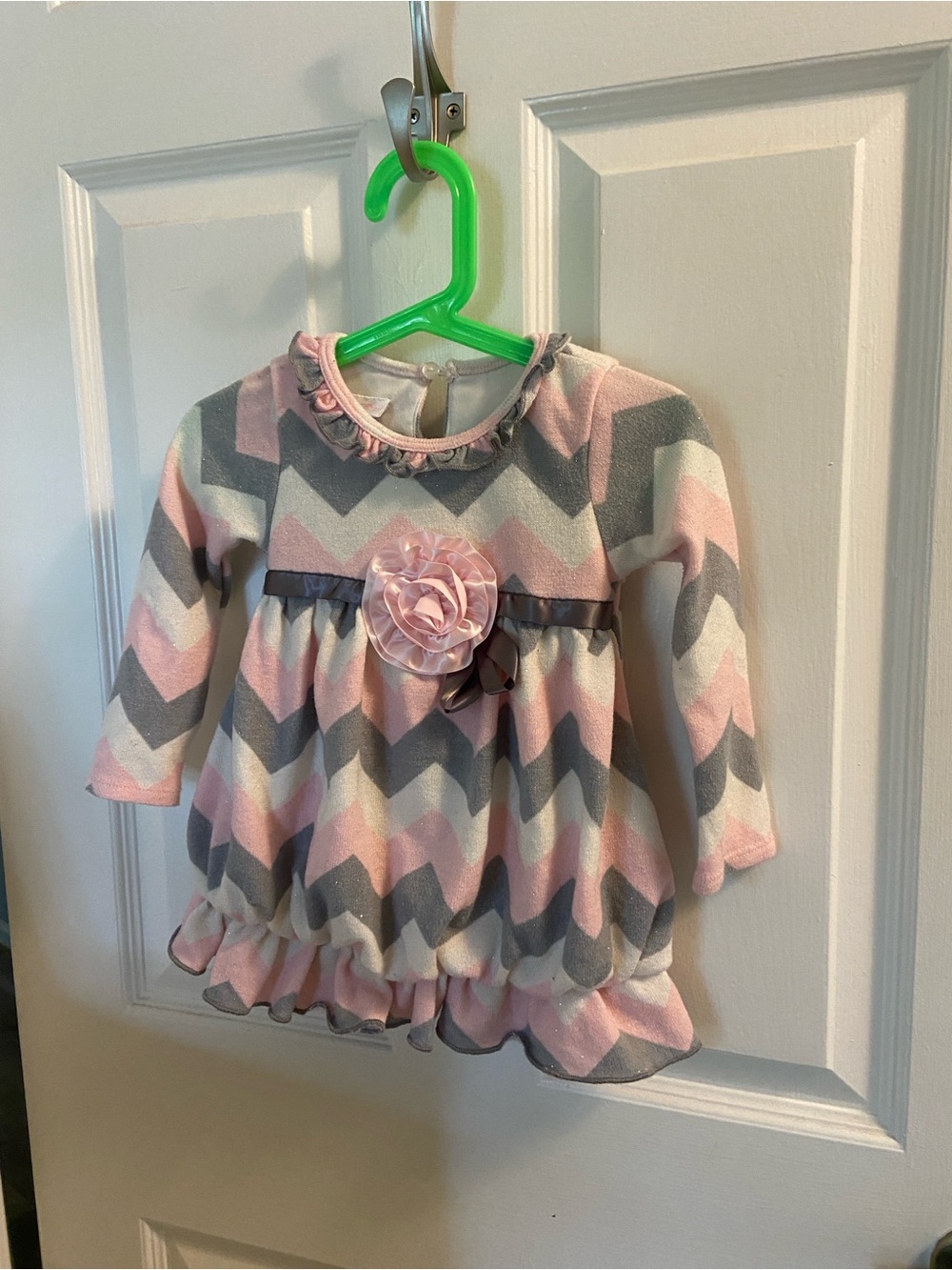 Bonnie Baby Pink Gray Chevron Dress with Rosette
